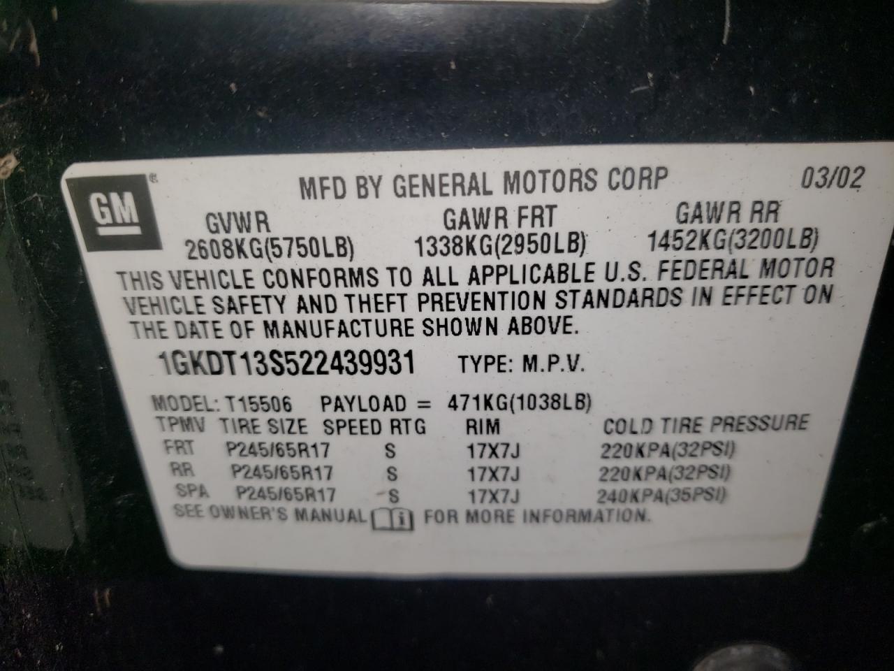 Photo 10 from auction – 2002 GMC ENVOY with VIN 1GKDT13S522439931