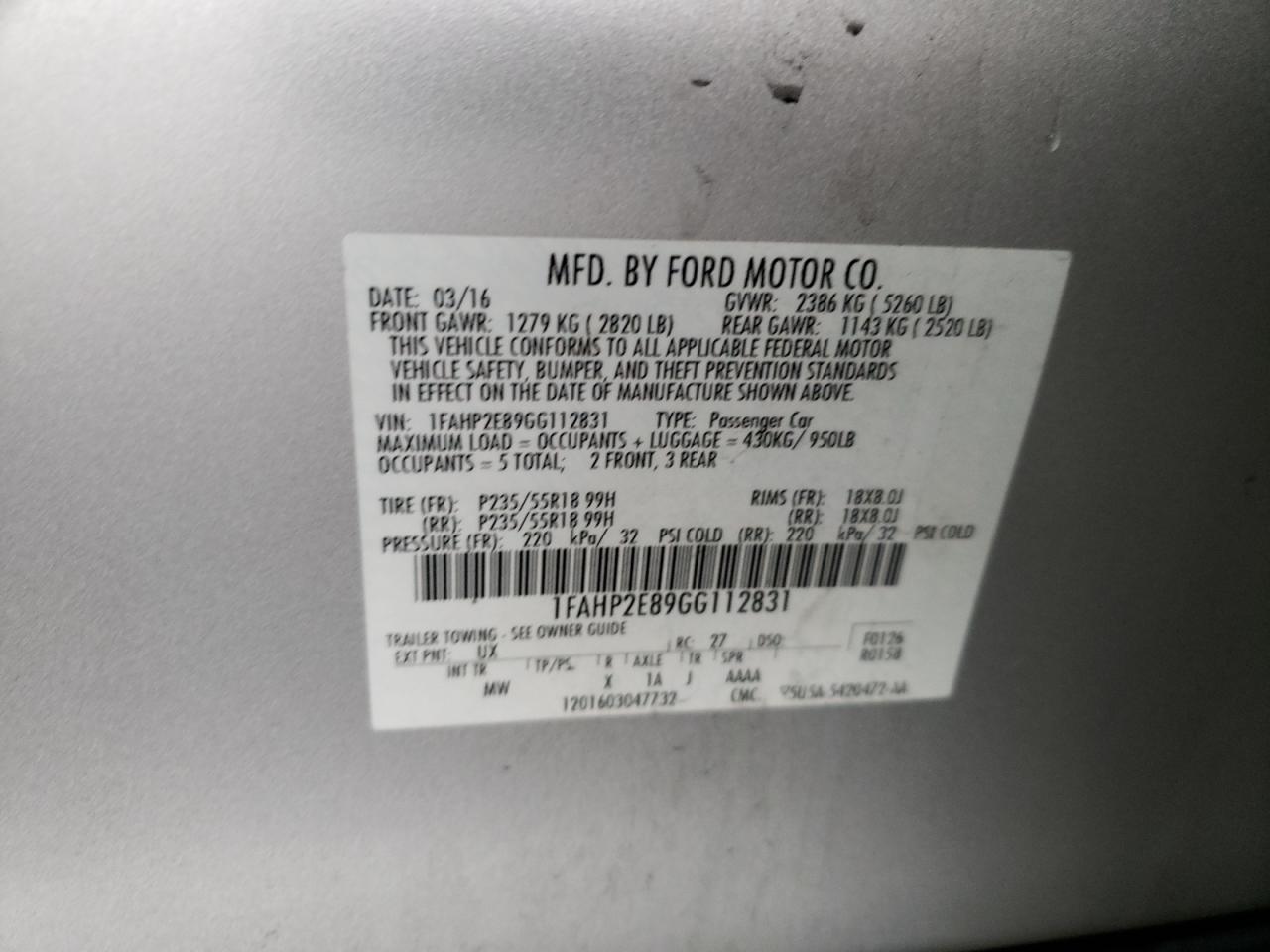 Photo 10 from auction – 2016 FORD TAURUS SEL with VIN 1FAHP2E89GG112831