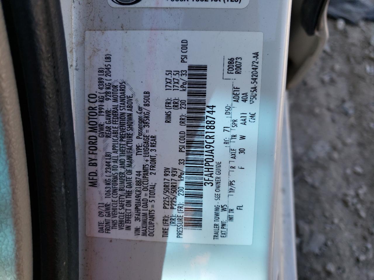Photo 10 from auction – 2012 FORD FUSION SEL with VIN 3FAHP0JA9CR188744