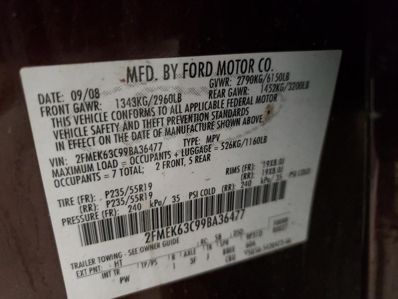 Photo 10 from auction – 2009 FORD FLEX LIMIT with VIN 2FMEK63C99BA36477