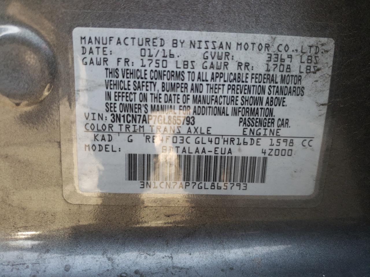 Photo 10 from auction – 2016 NISSAN VERSA S with VIN 3N1CN7AP7GL865793