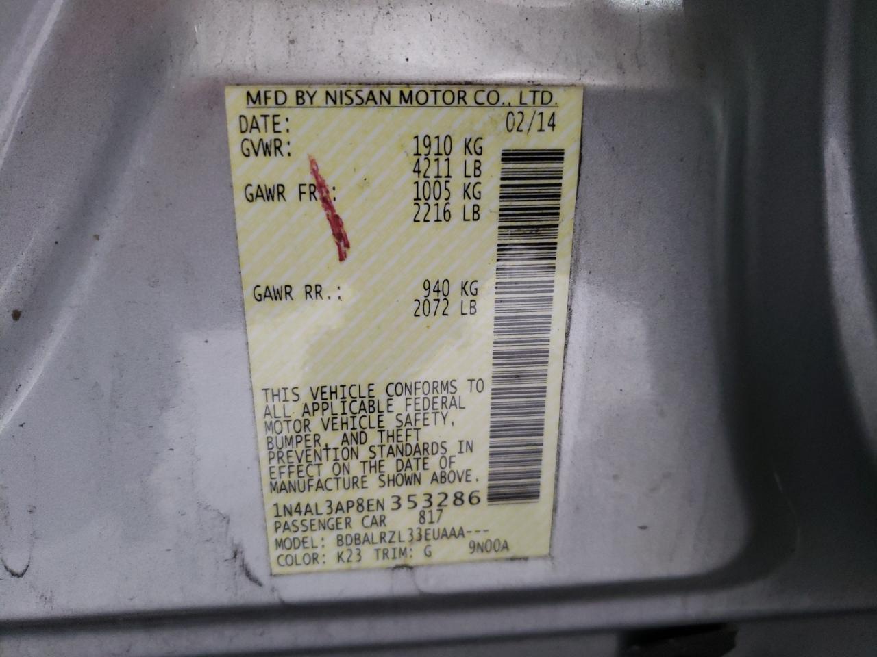 Photo 10 from auction – 2014 NISSAN ALTIMA 2.5 with VIN 1N4AL3AP8EN353286