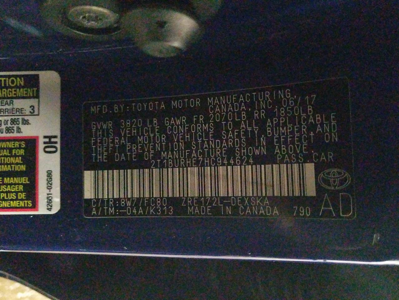 Photo 11 from auction – 2017 TOYOTA COROLLA L with VIN 2T1BURHE7HC944624