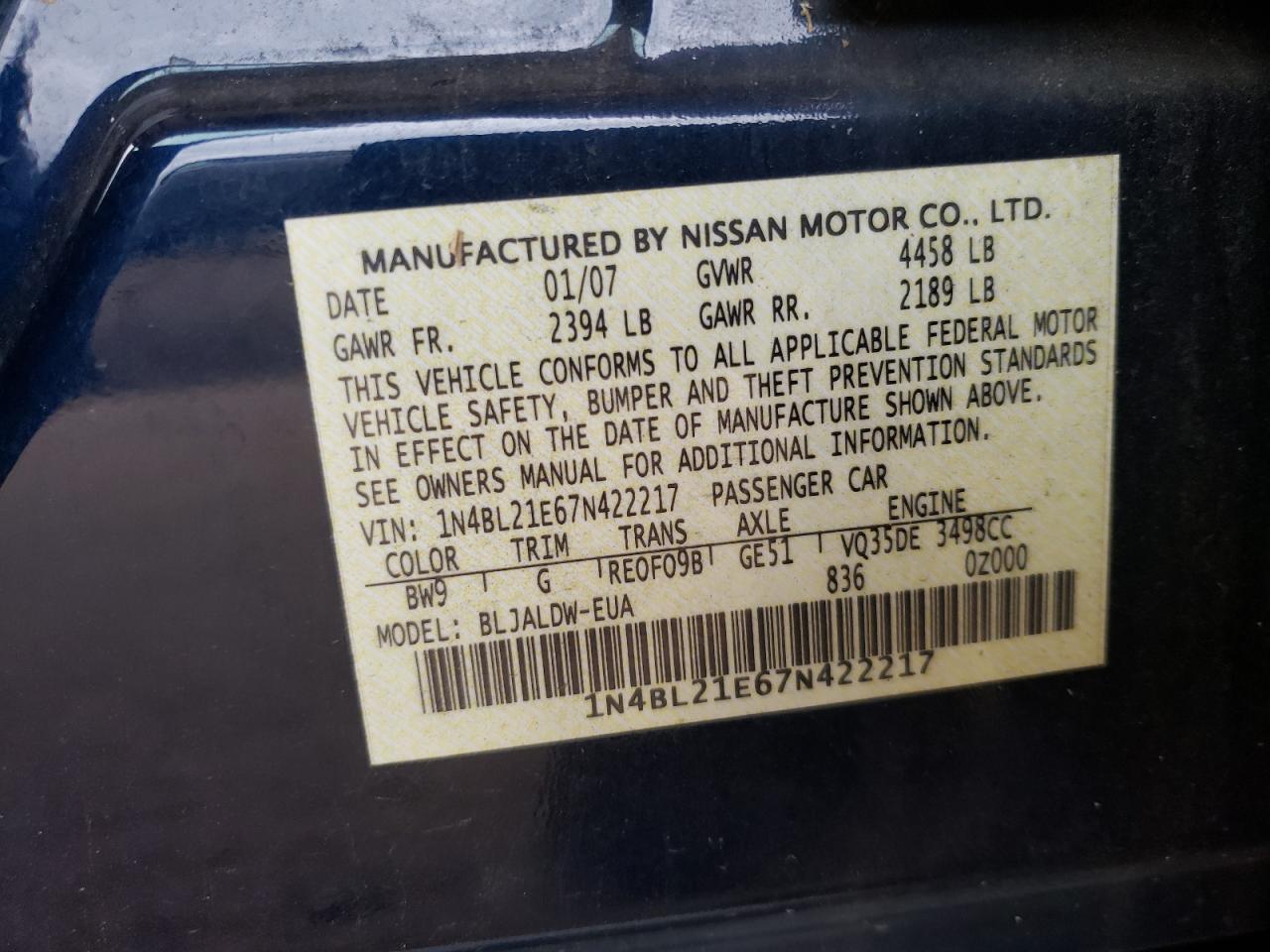 Photo 10 from auction – 2007 NISSAN ALTIMA 3.5 with VIN 1N4BL21E67N422217