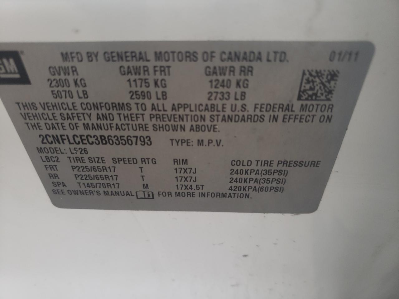Photo 10 from auction – 2011 CHEVROLET EQUINOX LS with VIN 2CNFLCEC3B6356793