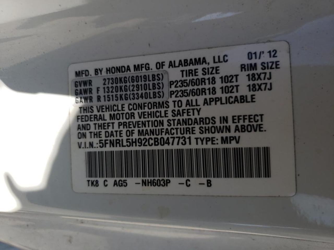 Photo 10 from auction – 2012 HONDA ODYSSEY TO with VIN 5FNRL5H92CB047731
