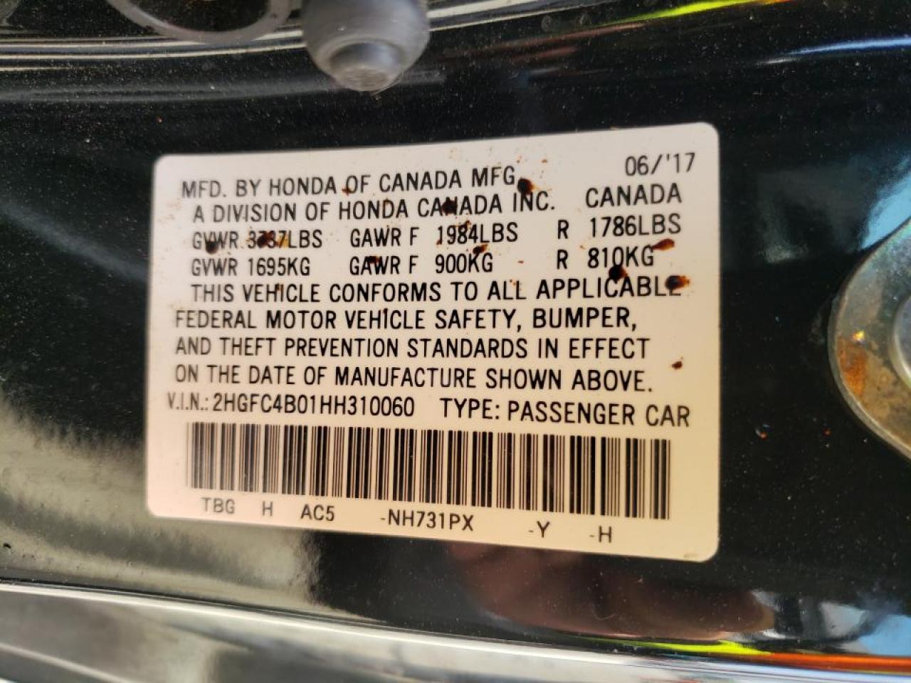 Photo 10 from auction – 2017 HONDA CIVIC LX with VIN 2HGFC4B01HH310060