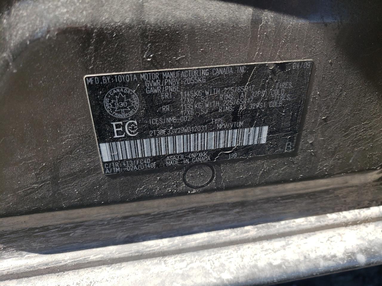 Photo 10 from auction – 2009 TOYOTA RAV4 with VIN 2T3BF33V29W012031