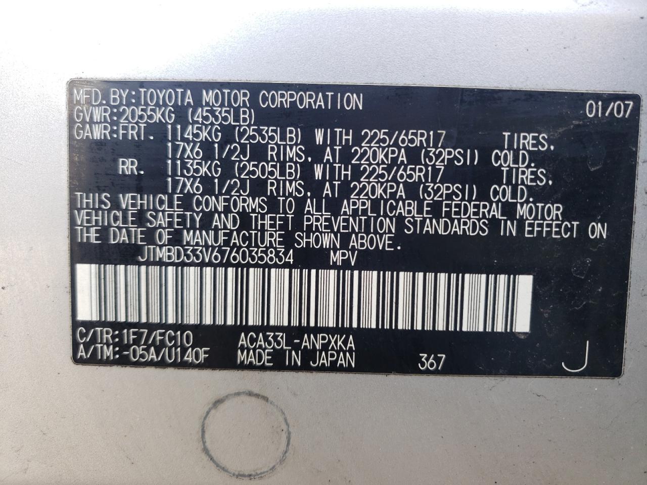 Photo 10 from auction – 2007 TOYOTA RAV4 with VIN JTMBD33V676035834