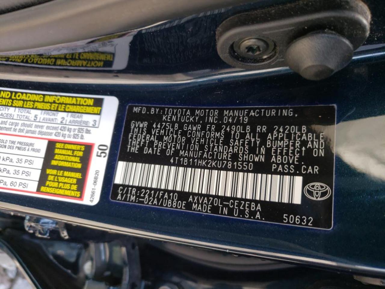 Photo 10 from auction – 2019 TOYOTA CAMRY with VIN 4T1B11HK2KU781550