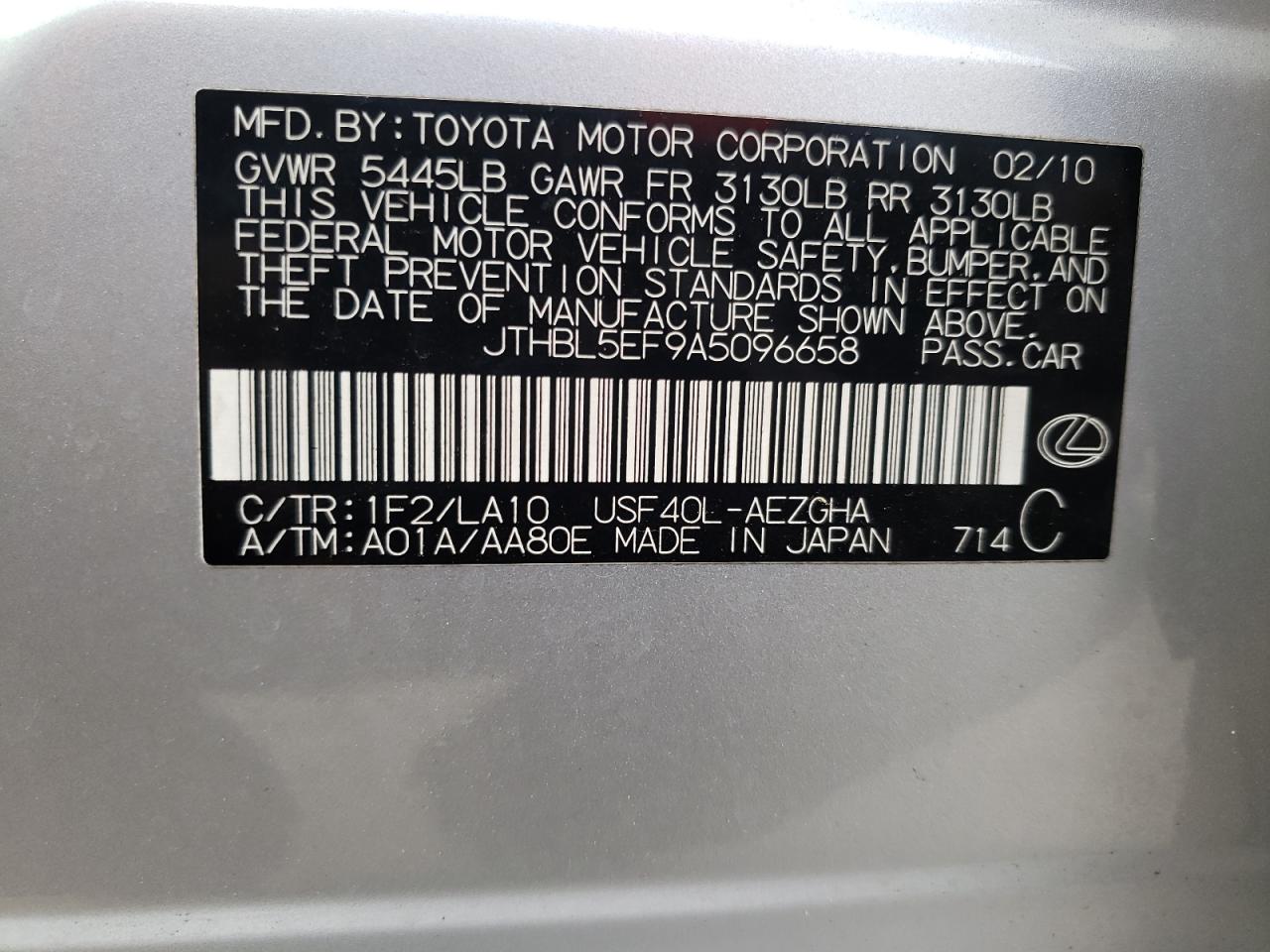 Photo 10 from auction – 2010 LEXUS LS 460 with VIN JTHBL5EF9A5096658