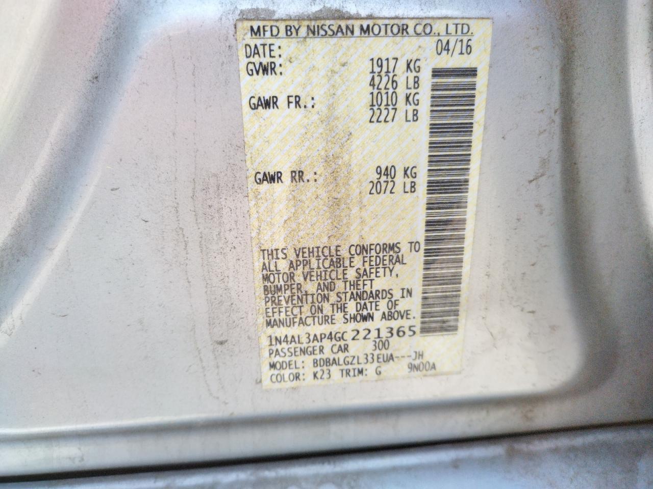 Photo 10 from auction – 2016 NISSAN ALTIMA 2.5 with VIN 1N4AL3AP4GC221365