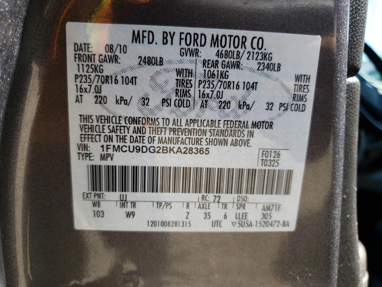 Photo 10 from auction – 2011 FORD ESCAPE XLT with VIN 1FMCU9DG2BKA28365