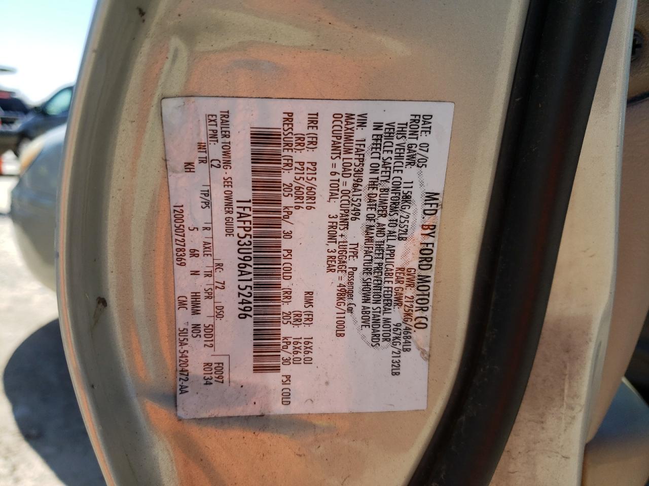 Photo 10 from auction – 2006 FORD TAURUS SE with VIN 1FAFP53U96A152496