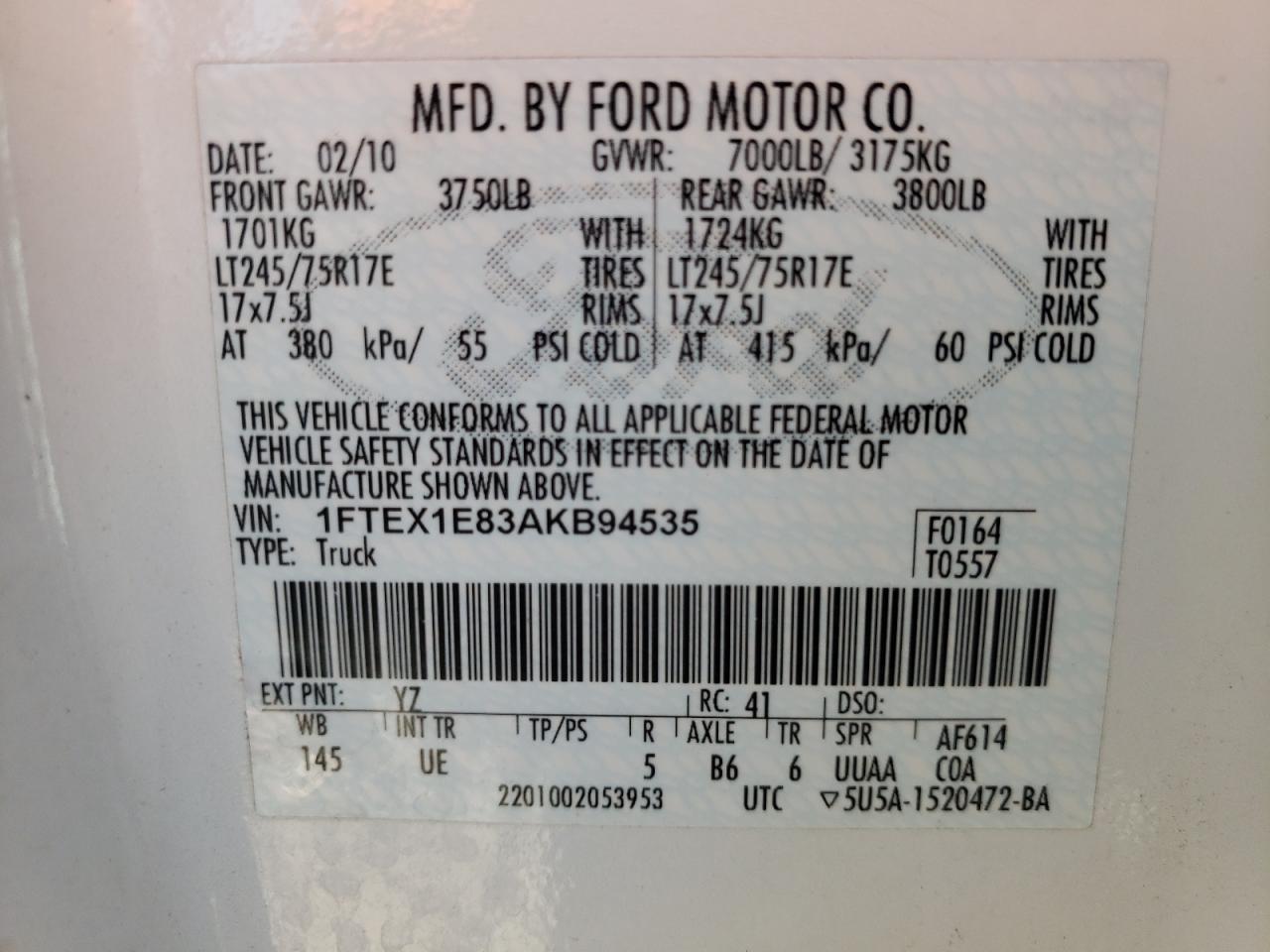 Photo 10 from auction – 2010 FORD F150 SUPER with VIN 1FTEX1E83AKB94535