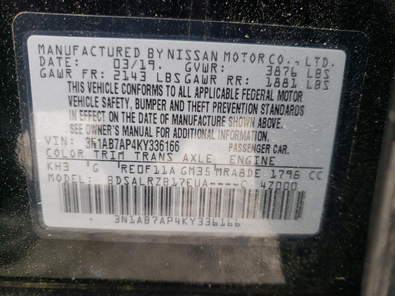 Photo 10 from auction – 2019 NISSAN SENTRA S with VIN 3N1AB7AP4KY336166