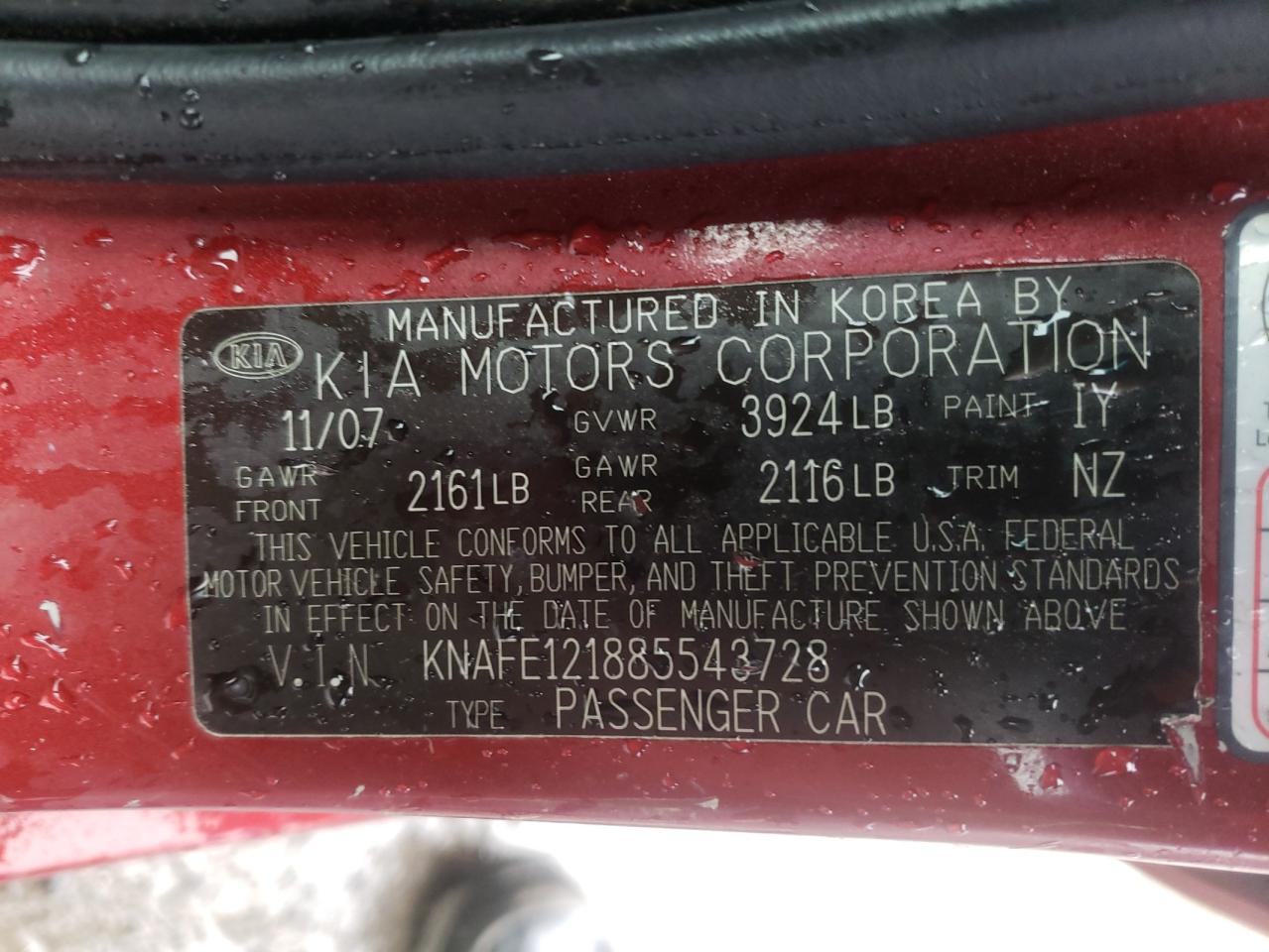Photo 10 from auction – 2008 KIA SPECTRA EX with VIN KNAFE121885543728