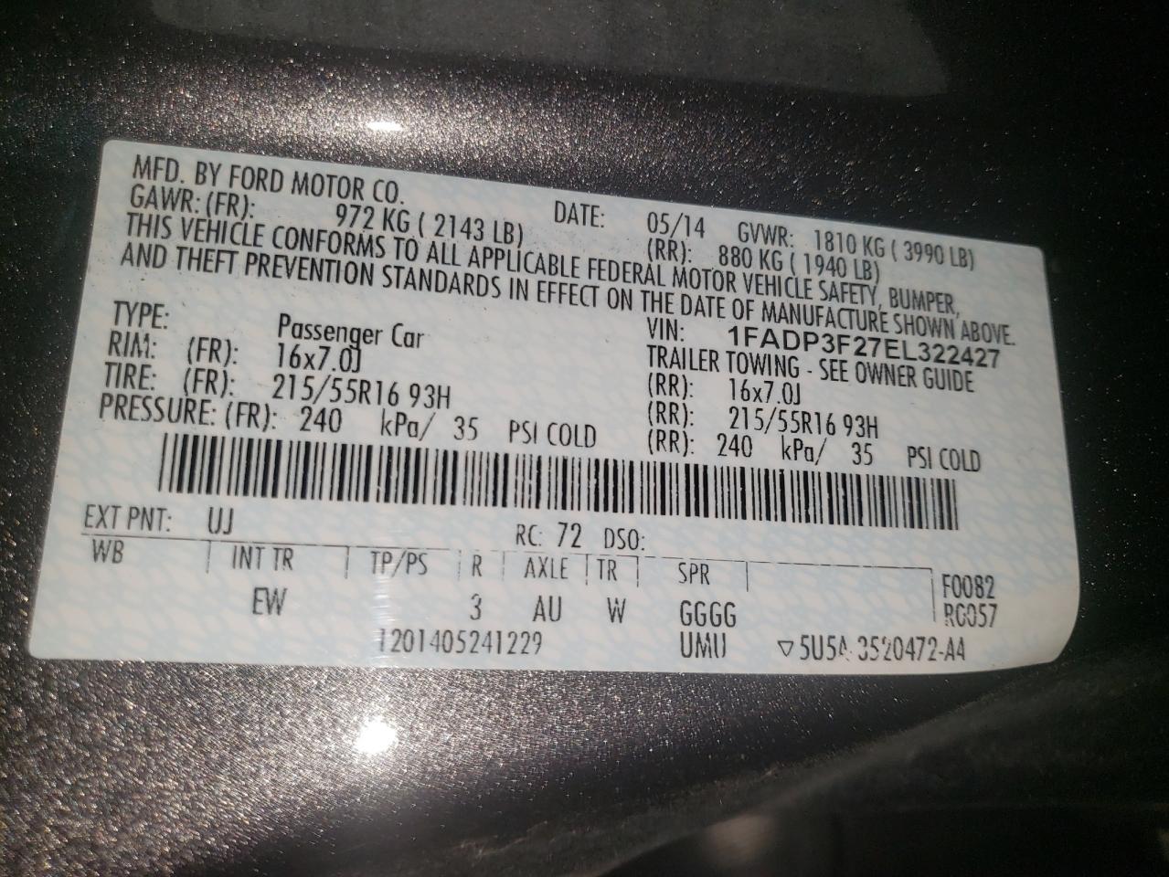 Photo 10 from auction – 2014 FORD FOCUS SE with VIN 1FADP3F27EL322427