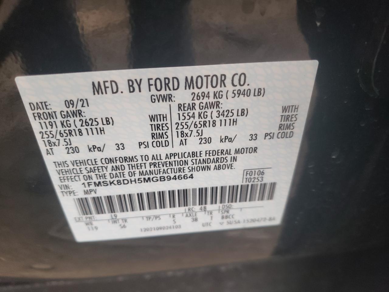Photo 10 from auction – 2021 FORD EXPLORER X with VIN 1FMSK8DH5MGB94664