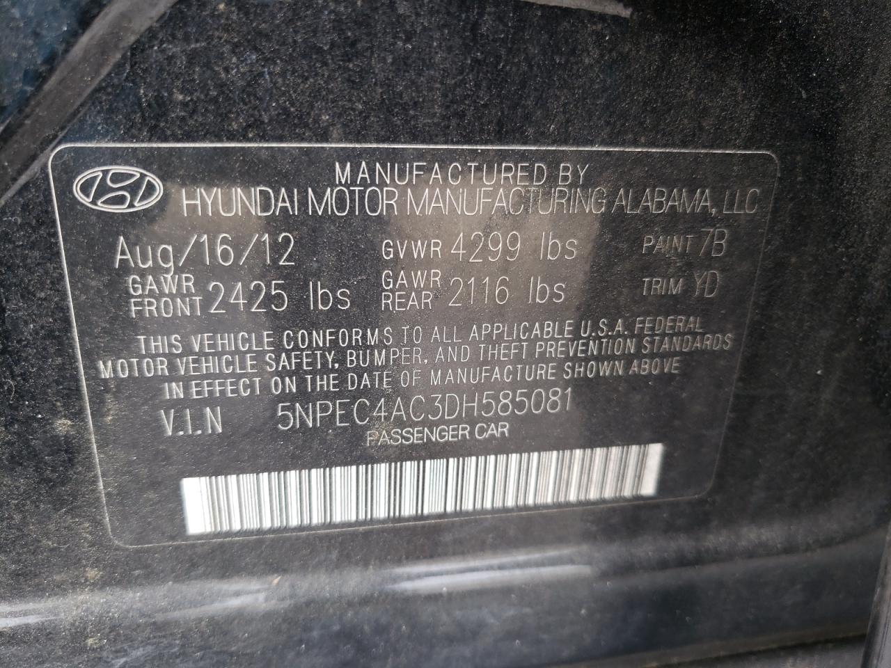 Photo 10 from auction – 2013 HYUNDAI SONATA SE with VIN 5NPEC4AC3DH585081