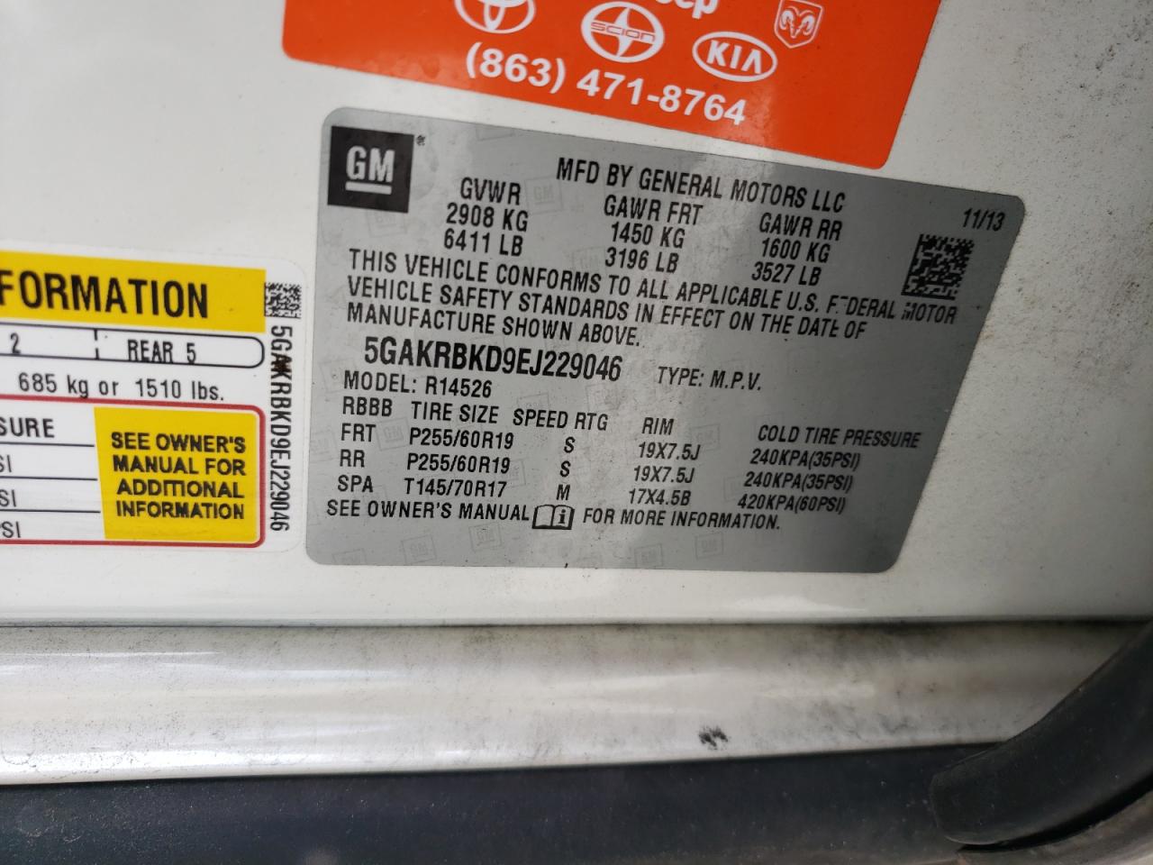Photo 10 from auction – 2014 BUICK ENCLAVE with VIN 5GAKRBKD9EJ229046