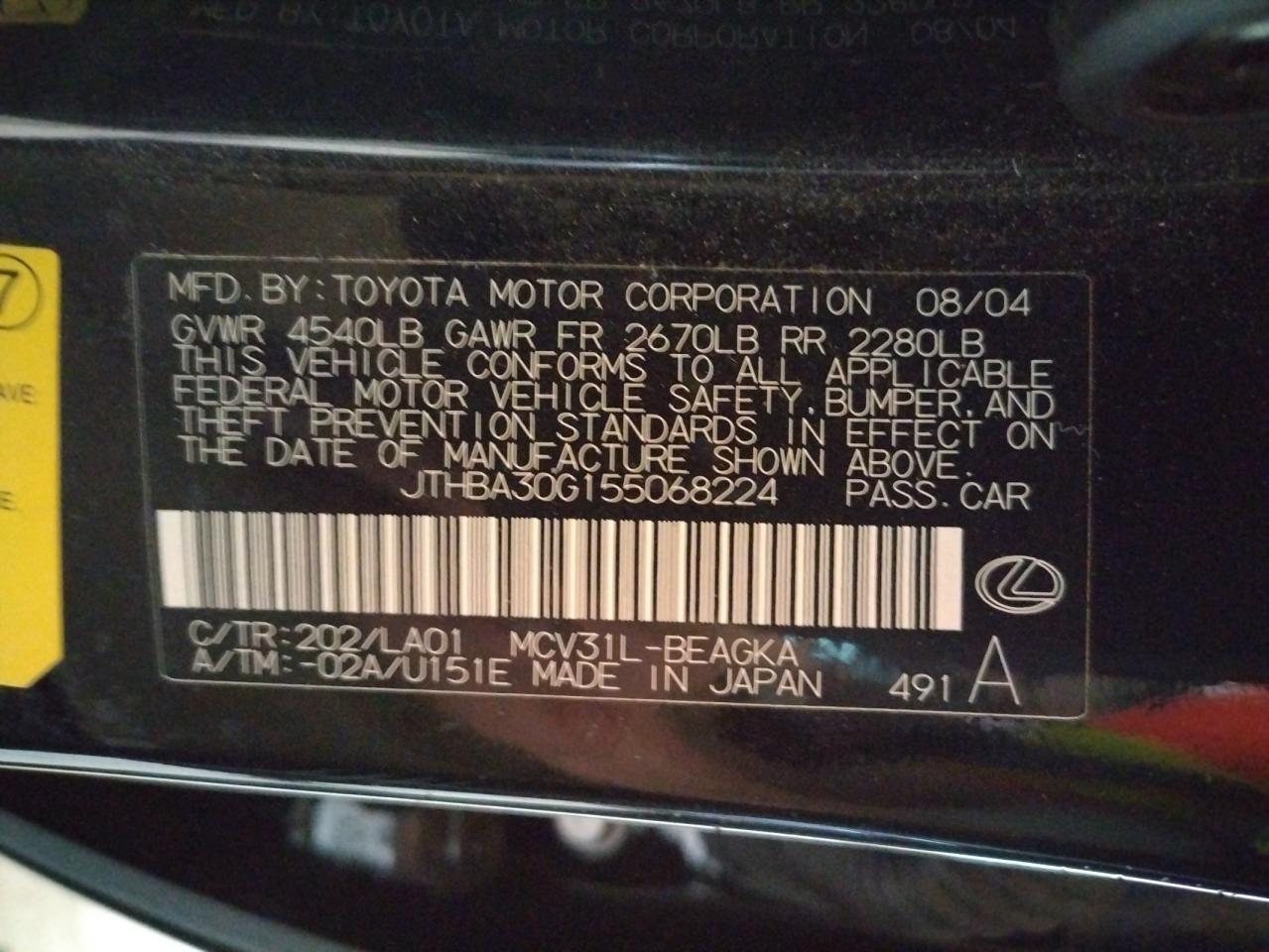 Photo 10 from auction – 2005 LEXUS ES 330 with VIN JTHBA30G155068224