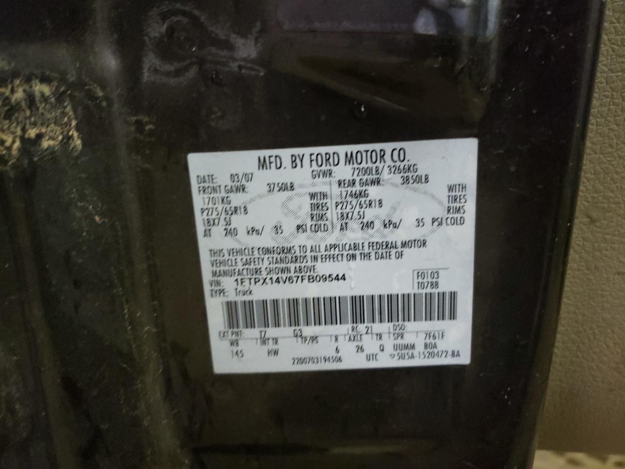 Photo 10 from auction – 2007 FORD F150 with VIN 1FTPX14V67FB09544