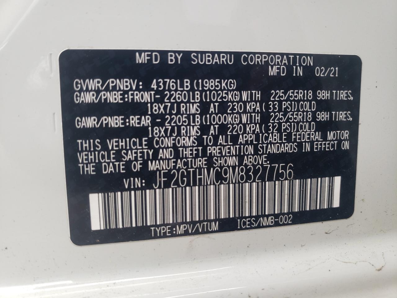 Photo 10 from auction – 2021 SUBARU CROSSTREK with VIN JF2GTHMC9M8327756