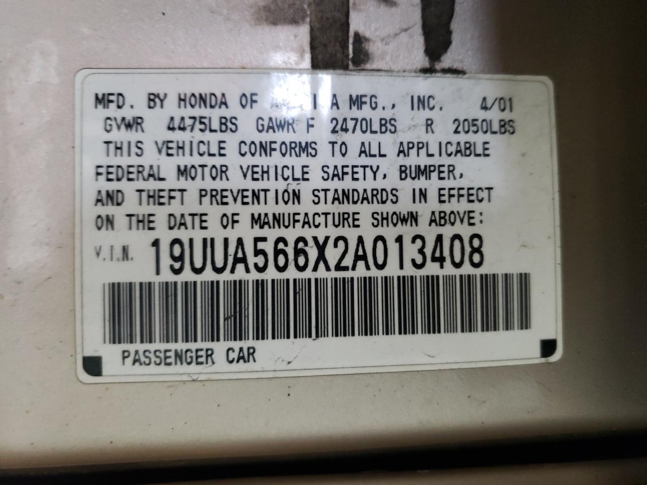 Photo 10 from auction – 2002 ACURA 3.2TL with VIN 19UUA566X2A013408