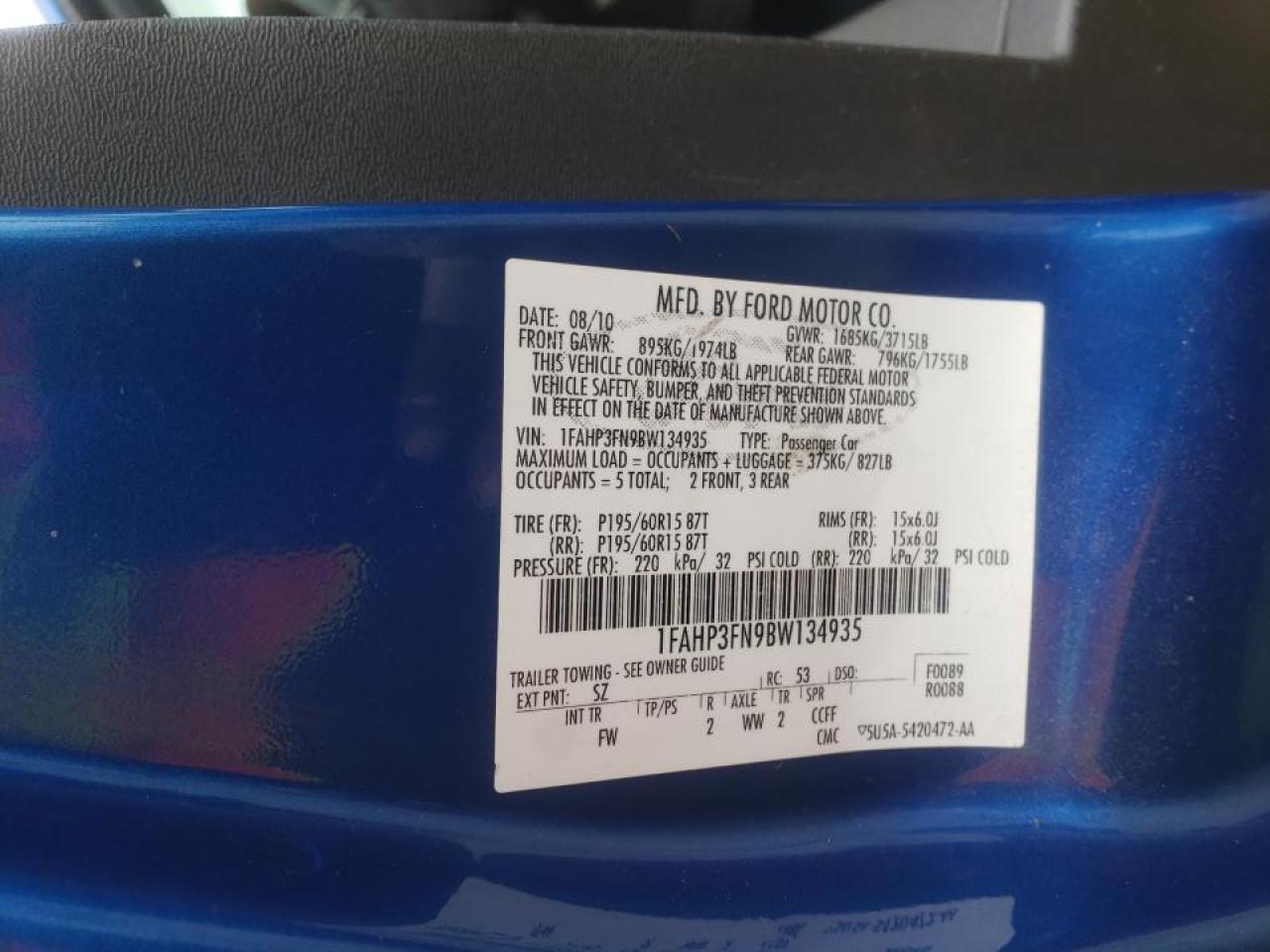 Photo 10 from auction – 2011 FORD FOCUS SE with VIN 1FAHP3FN9BW134935