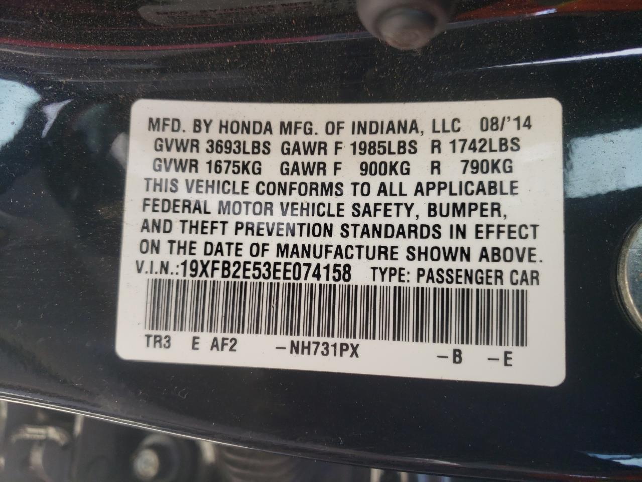 Photo 10 from auction – 2014 HONDA CIVIC LX with VIN 19XFB2E53EE074158