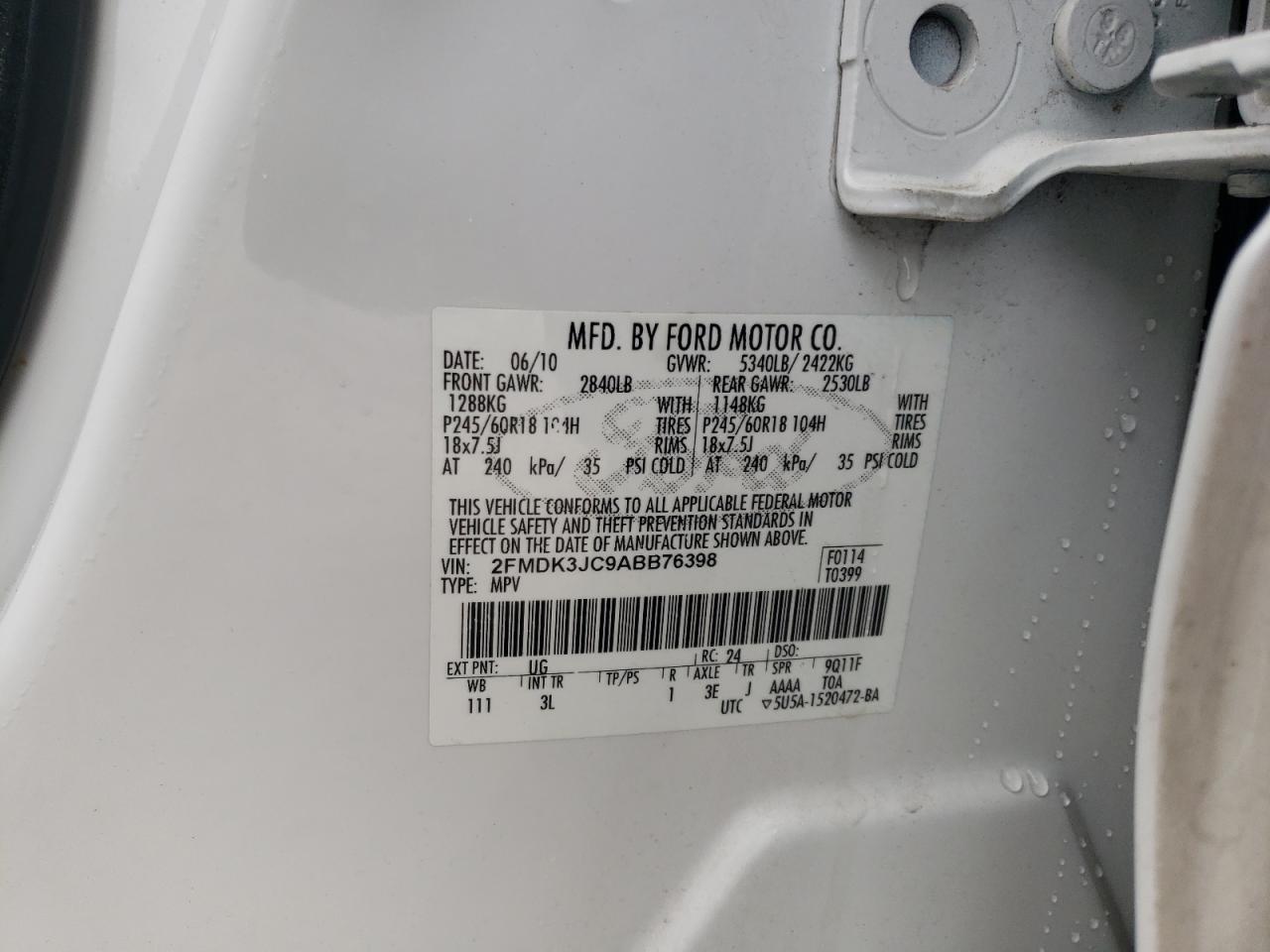 Photo 10 from auction – 2010 FORD EDGE with VIN 2FMDK3JC9ABB76398