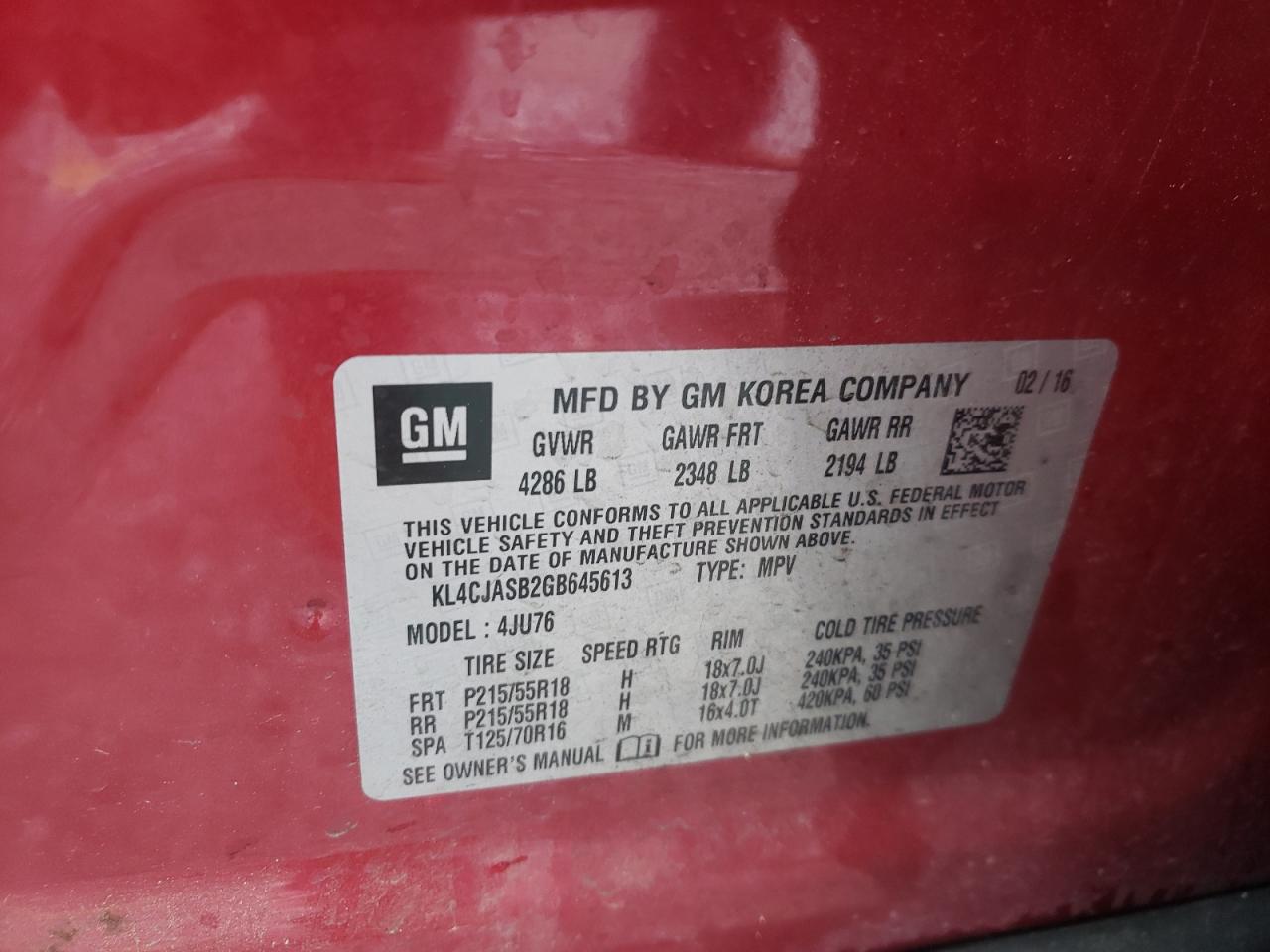 Photo 10 from auction – 2016 BUICK ENCORE with VIN KL4CJASB2GB645613