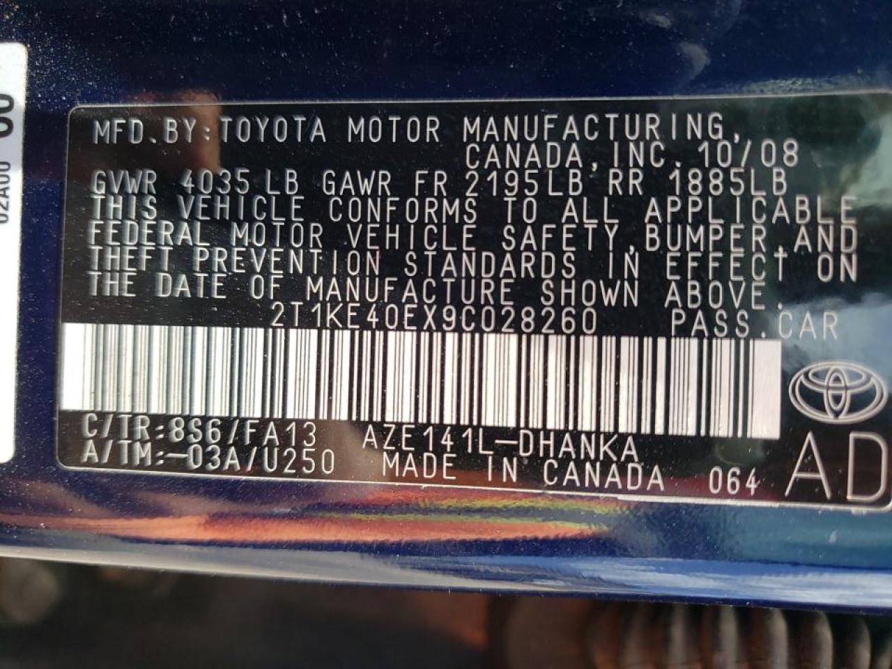 Photo 10 from auction – 2009 TOYOTA COROLLA MA with VIN 2T1KE40EX9C028260