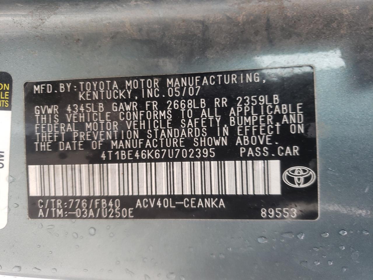 Photo 10 from auction – 2007 TOYOTA CAMRY CE with VIN 4T1BE46K67U702395
