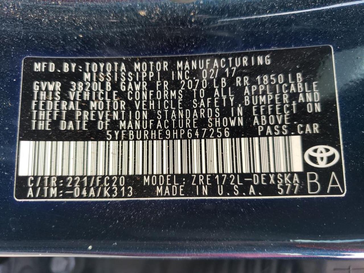 Photo 10 from auction – 2017 TOYOTA COROLLA L with VIN 5YFBURHE9HP647256