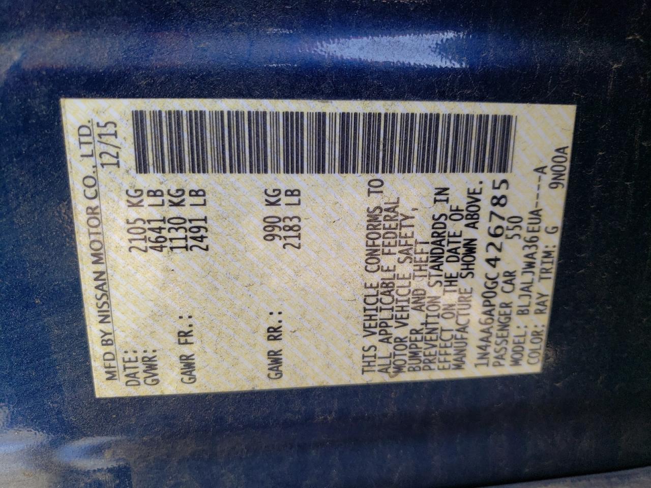 Photo 10 from auction – 2016 NISSAN MAXIMA 3.5 with VIN 1N4AA6AP0GC426785