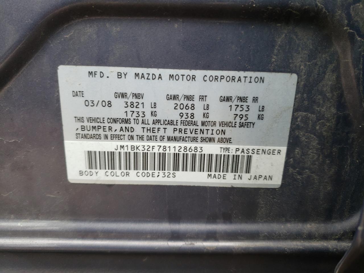 Photo 10 from auction – 2008 MAZDA 3 I with VIN JM1BK32F781128683