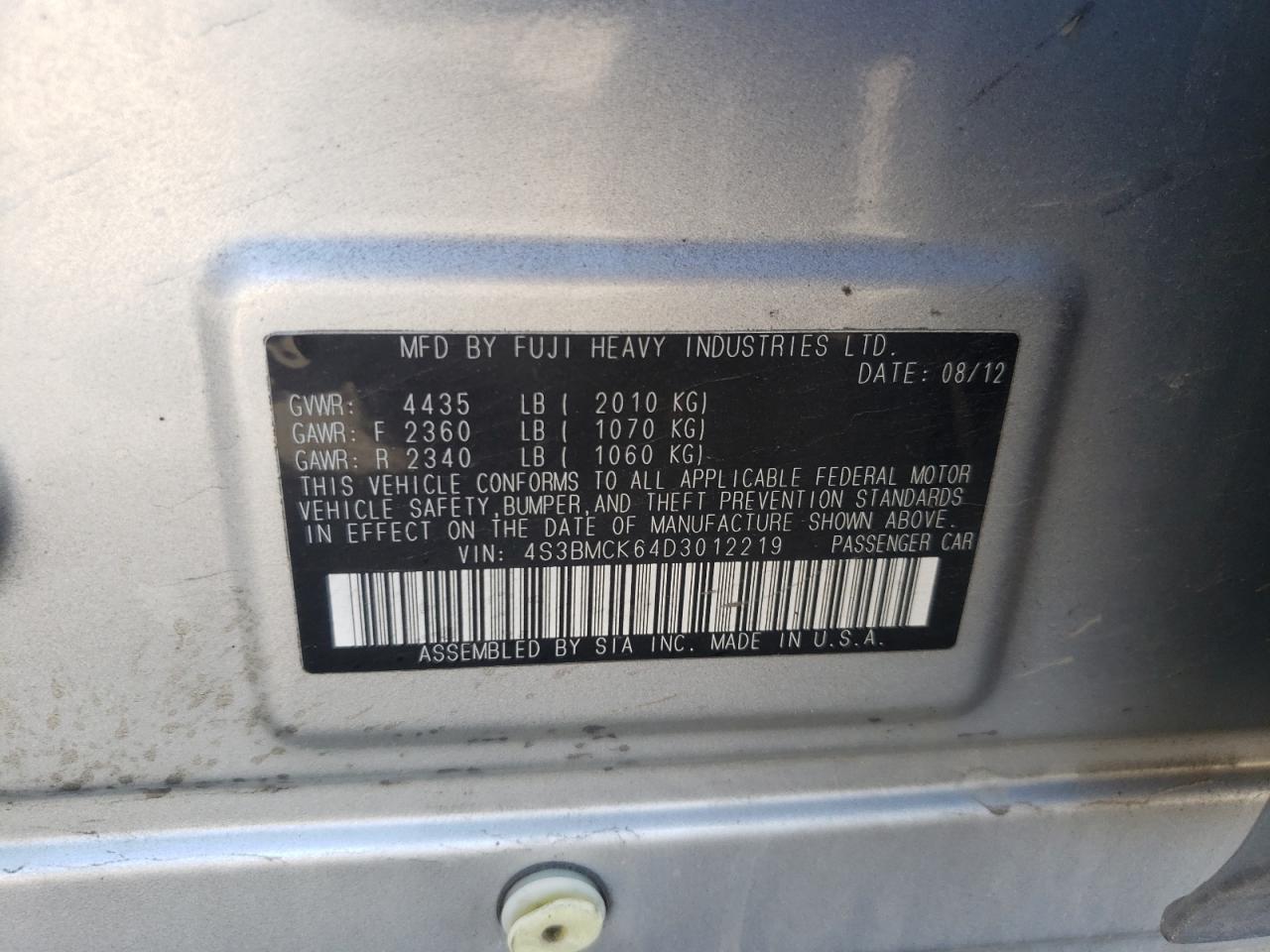 Photo 10 from auction – 2013 SUBARU LEGACY 2.5 with VIN 4S3BMCK64D3012219