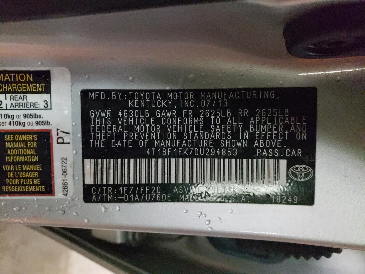 Photo 10 from auction – 2013 TOYOTA CAMRY L with VIN 4T1BF1FK7DU294853