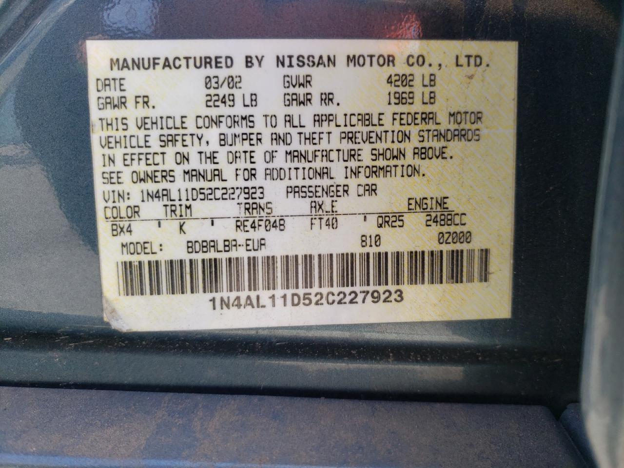 Photo 10 from auction – 2002 NISSAN ALTIMA BAS with VIN 1N4AL11D52C227923