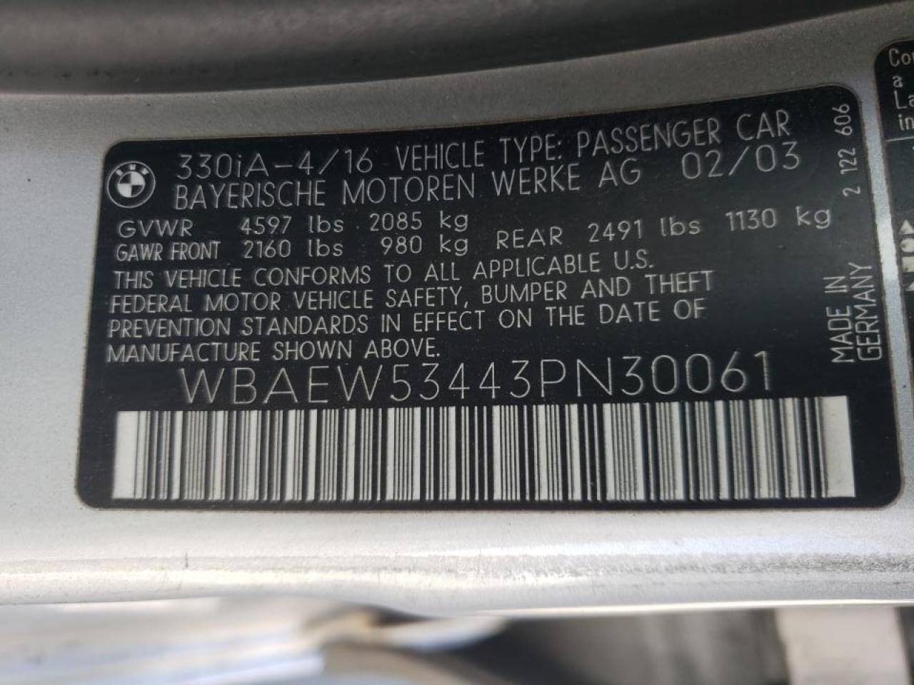 Photo 10 from auction – 2003 BMW 330 XI with VIN WBAEW53443PN30061