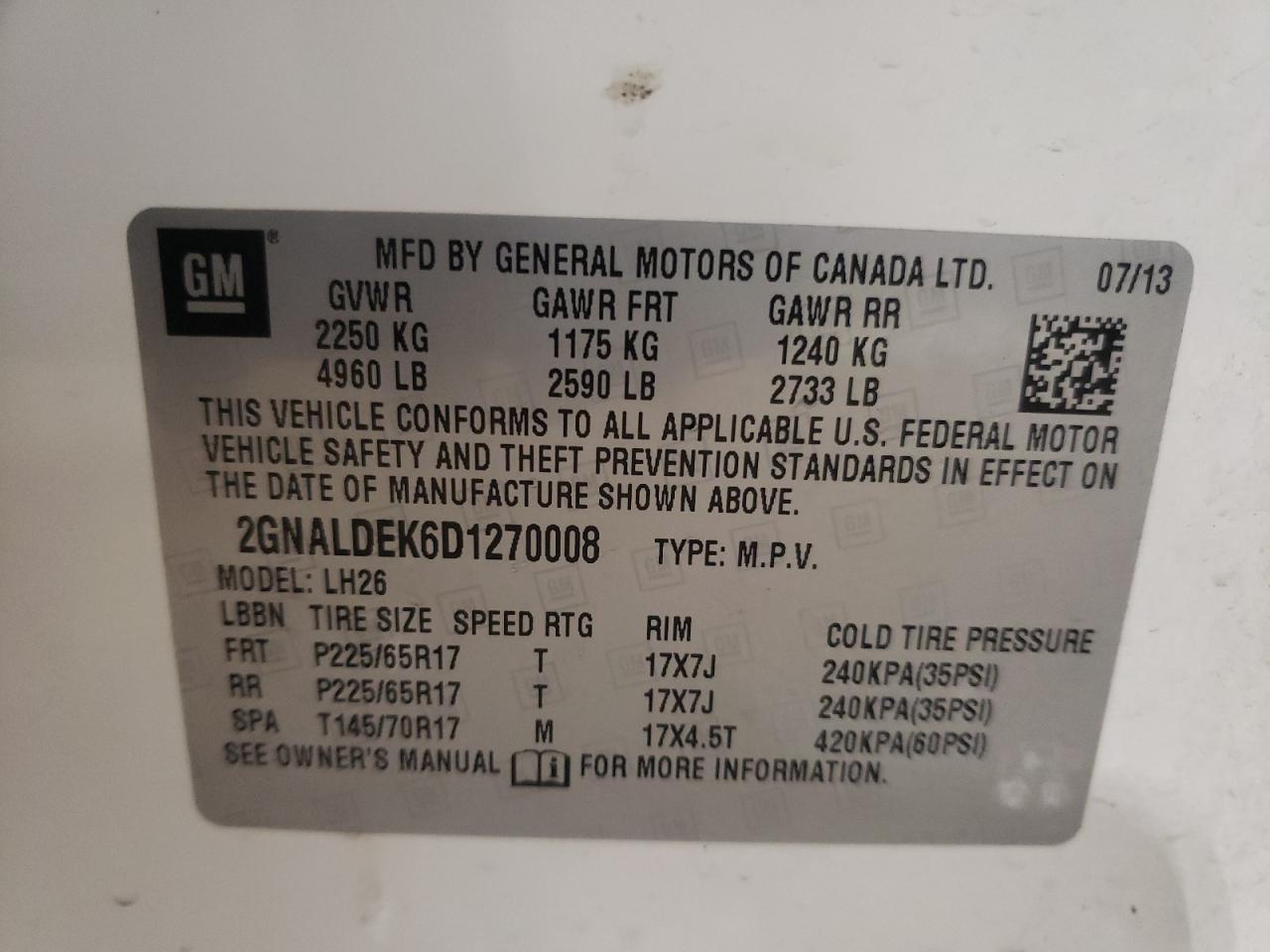 Photo 10 from auction – 2013 CHEVROLET EQUINOX LT with VIN 2GNALDEK6D1270008