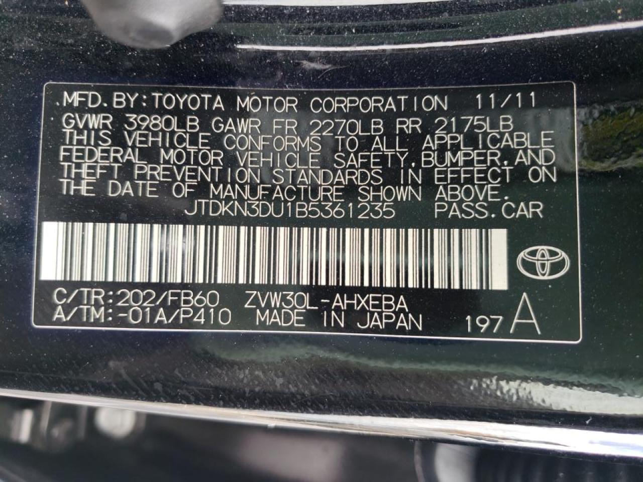 Photo 10 from auction – 2011 TOYOTA PRIUS with VIN JTDKN3DU1B5361235