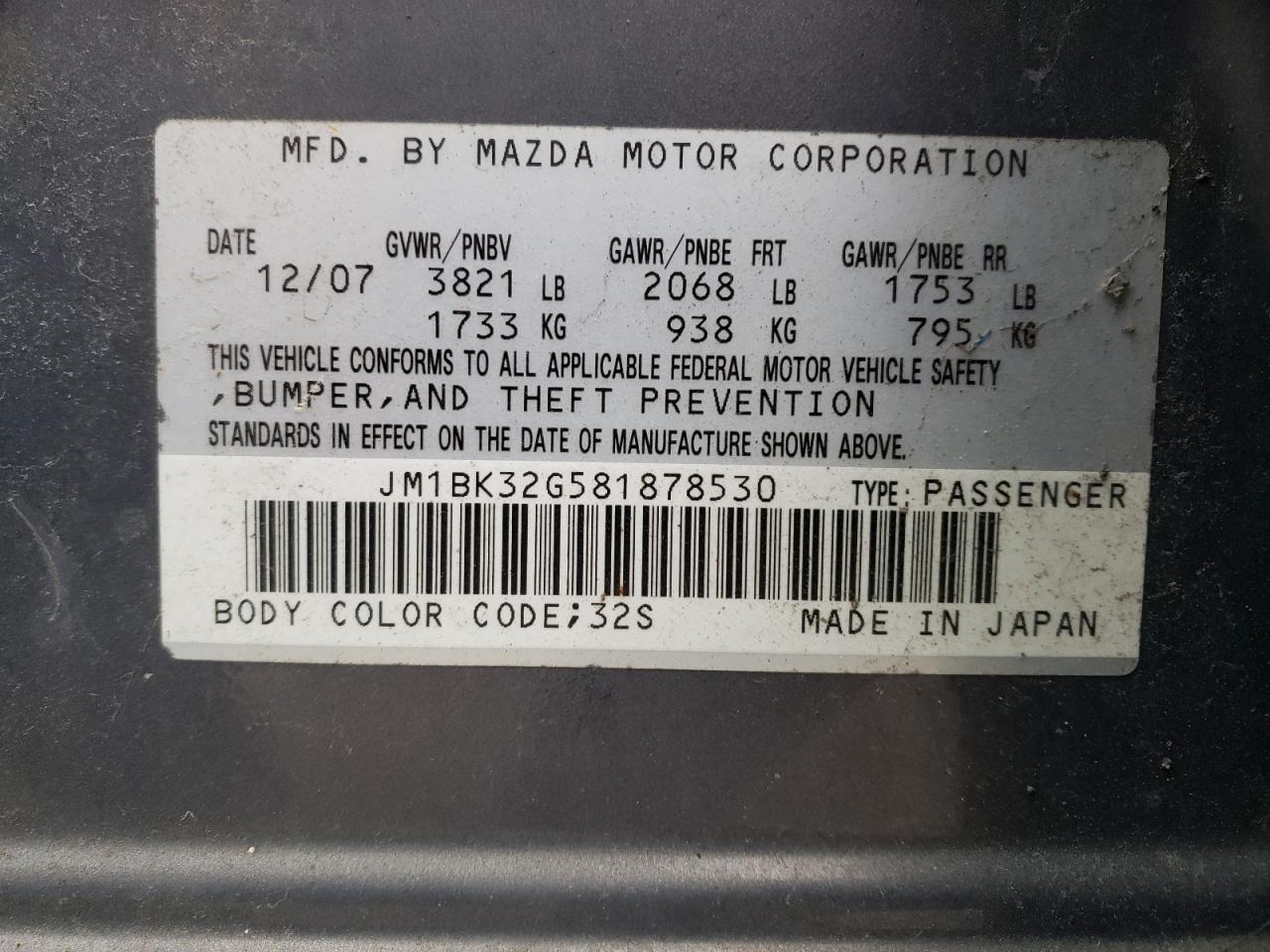 Photo 10 from auction – 2008 MAZDA 3 I with VIN JM1BK32G581878530