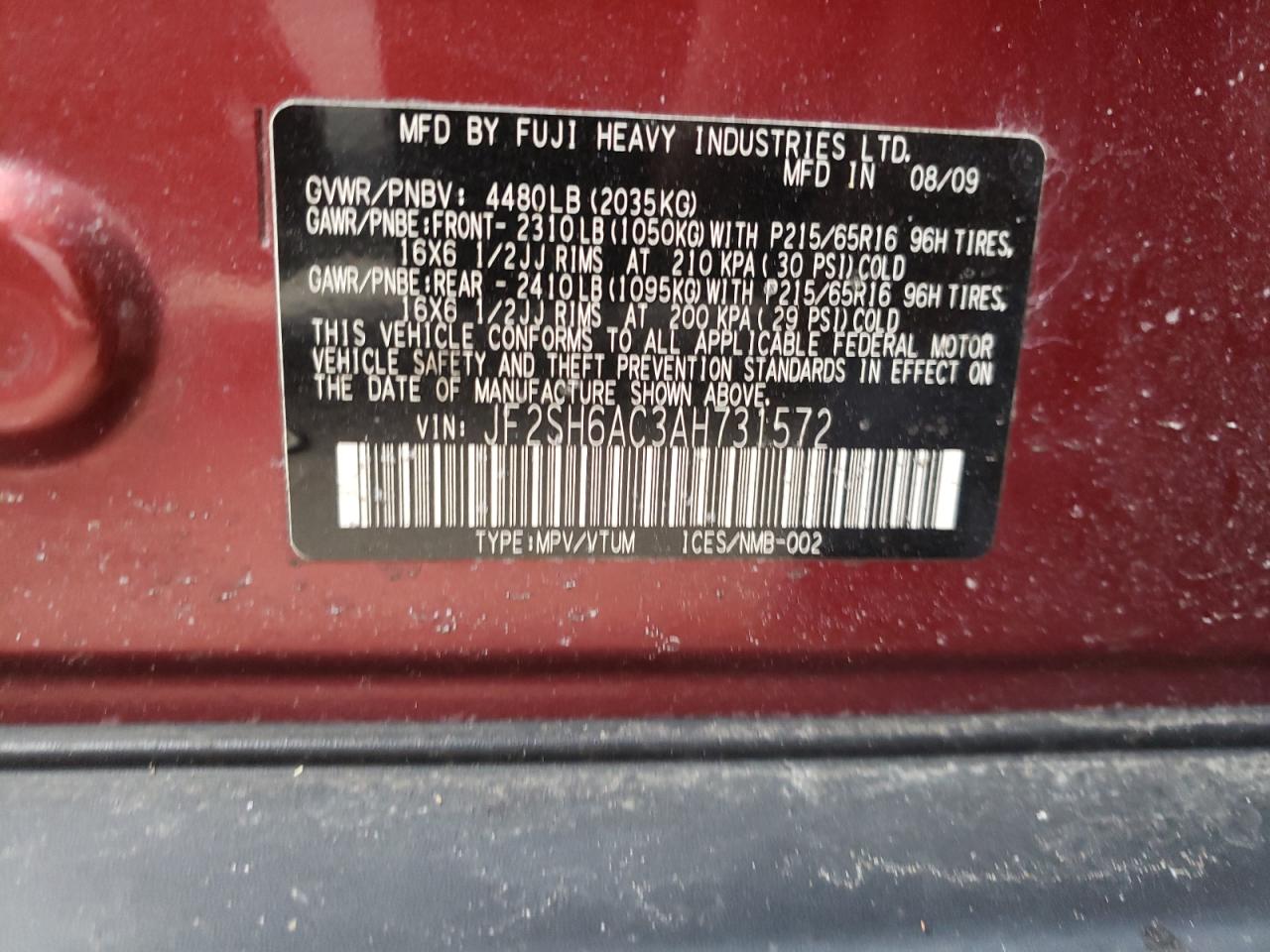 Photo 10 from auction – 2010 SUBARU FORESTER 2 with VIN JF2SH6AC3AH731572