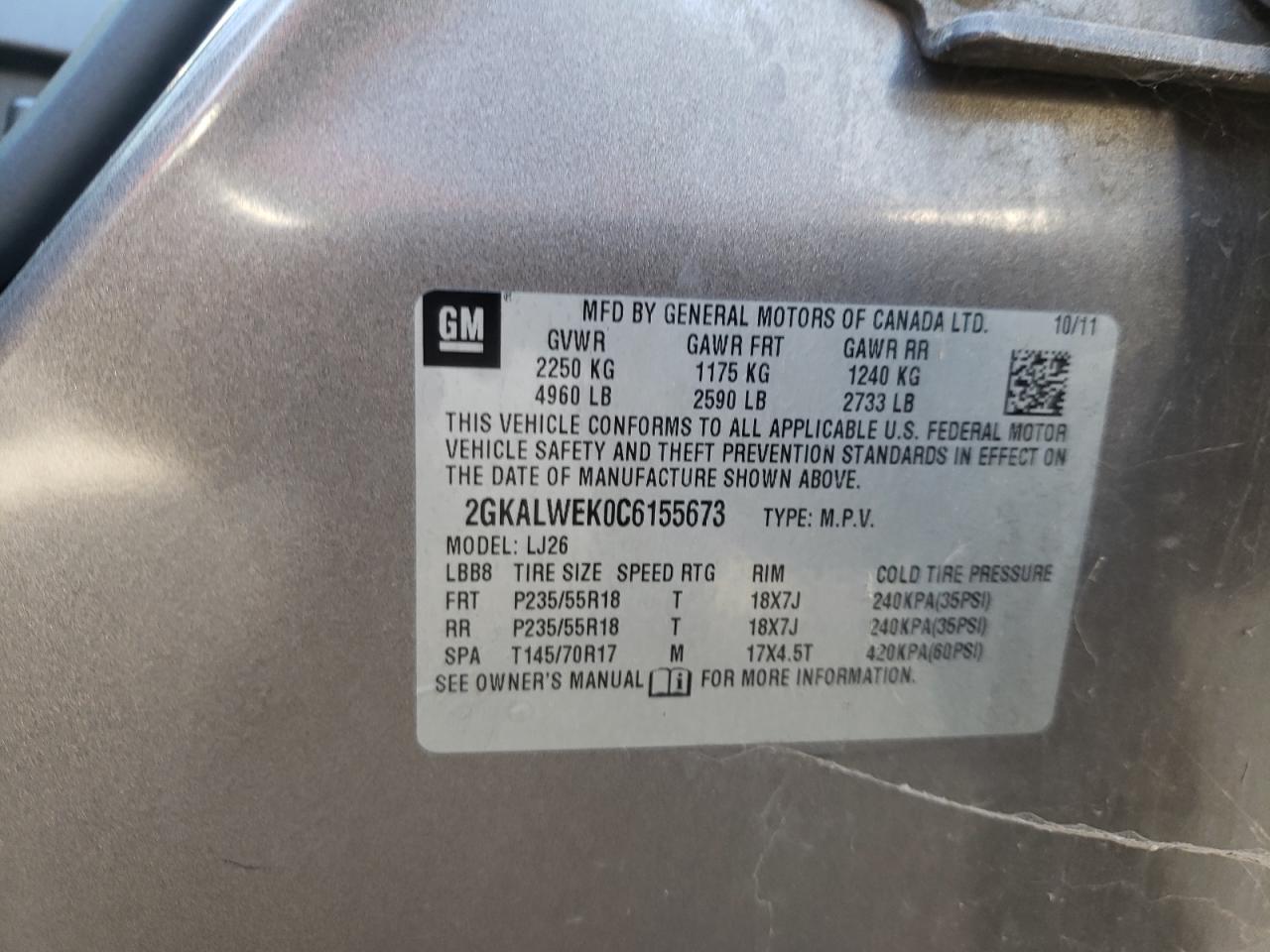 Photo 10 from auction – 2012 GMC TERRAIN SL with VIN 2GKALWEK0C6155673