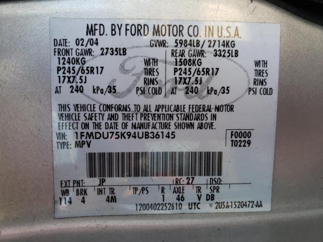 Photo 10 from auction – 2004 FORD EXPLORER L with VIN 1FMDU75K94UB36145