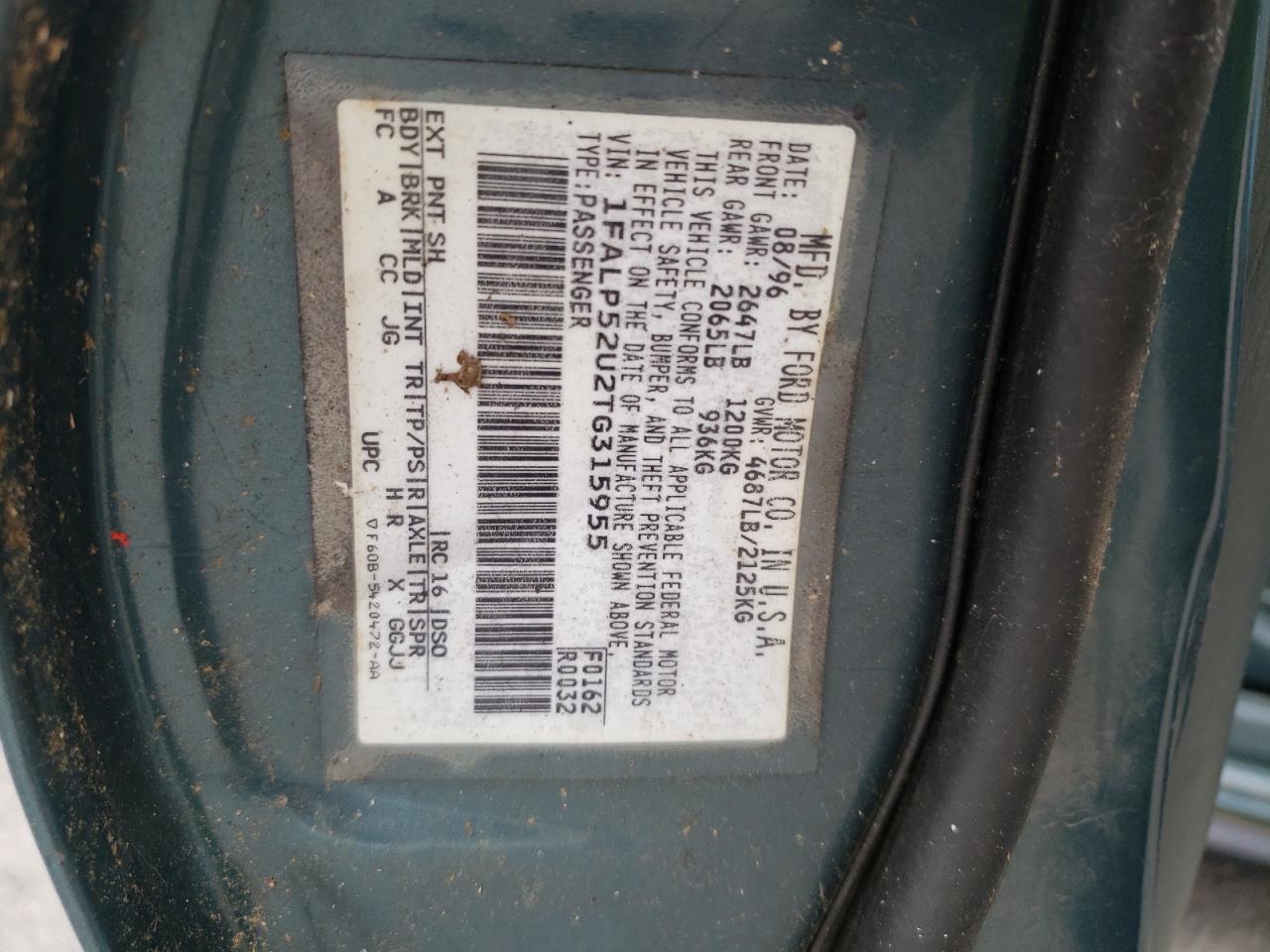 Photo 10 from auction – 1996 FORD TAURUS GL with VIN 1FALP52U2TG315955