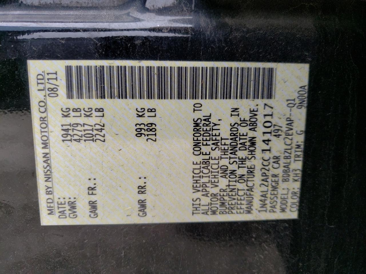 Photo 10 from auction – 2012 NISSAN ALTIMA BAS with VIN 1N4AL2AP2CC141017